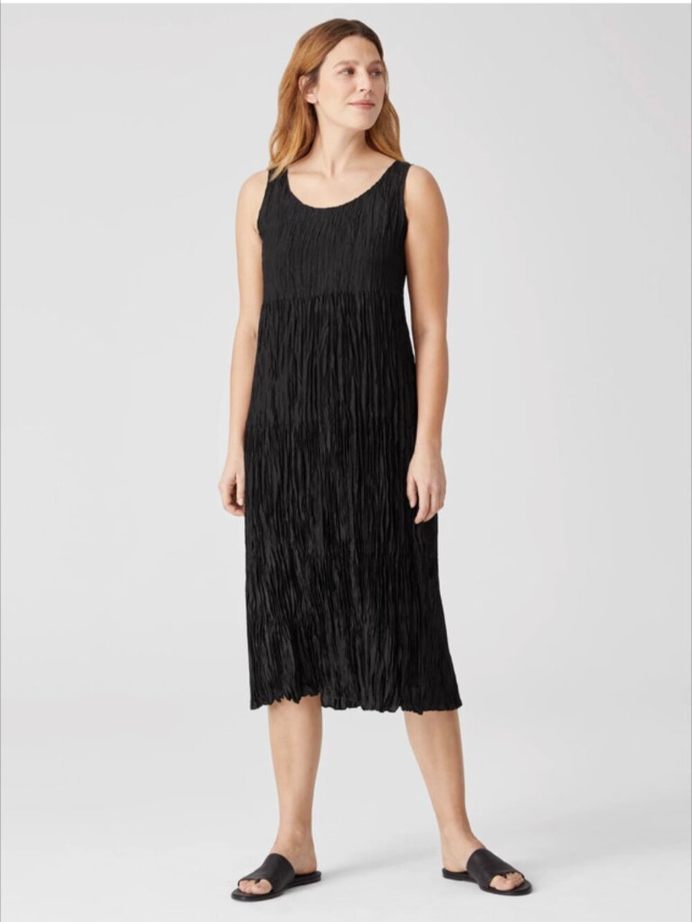 NWT Eileen Fisher Women's Crushed Silk Tiered Maxi Dress Black L Travel Luxury